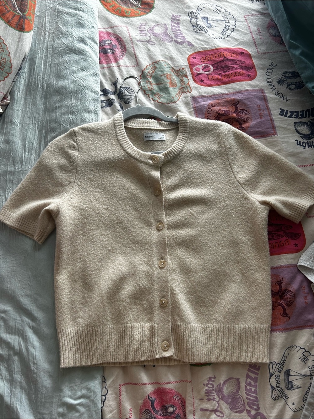 Nine West Cream Short-Sleeve Button Front Cardigan
